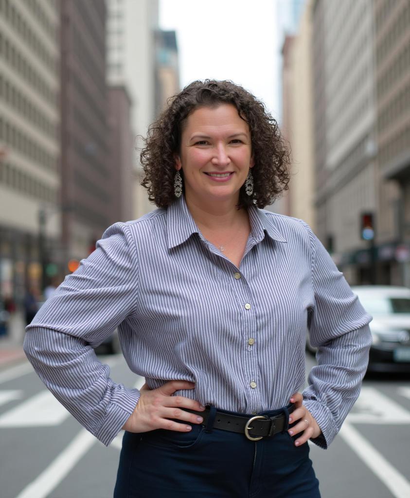 A woman with curly hair stands confidently in an urban street, wearing a striped button-up shirt and dark pants, with a cityscape in the background.